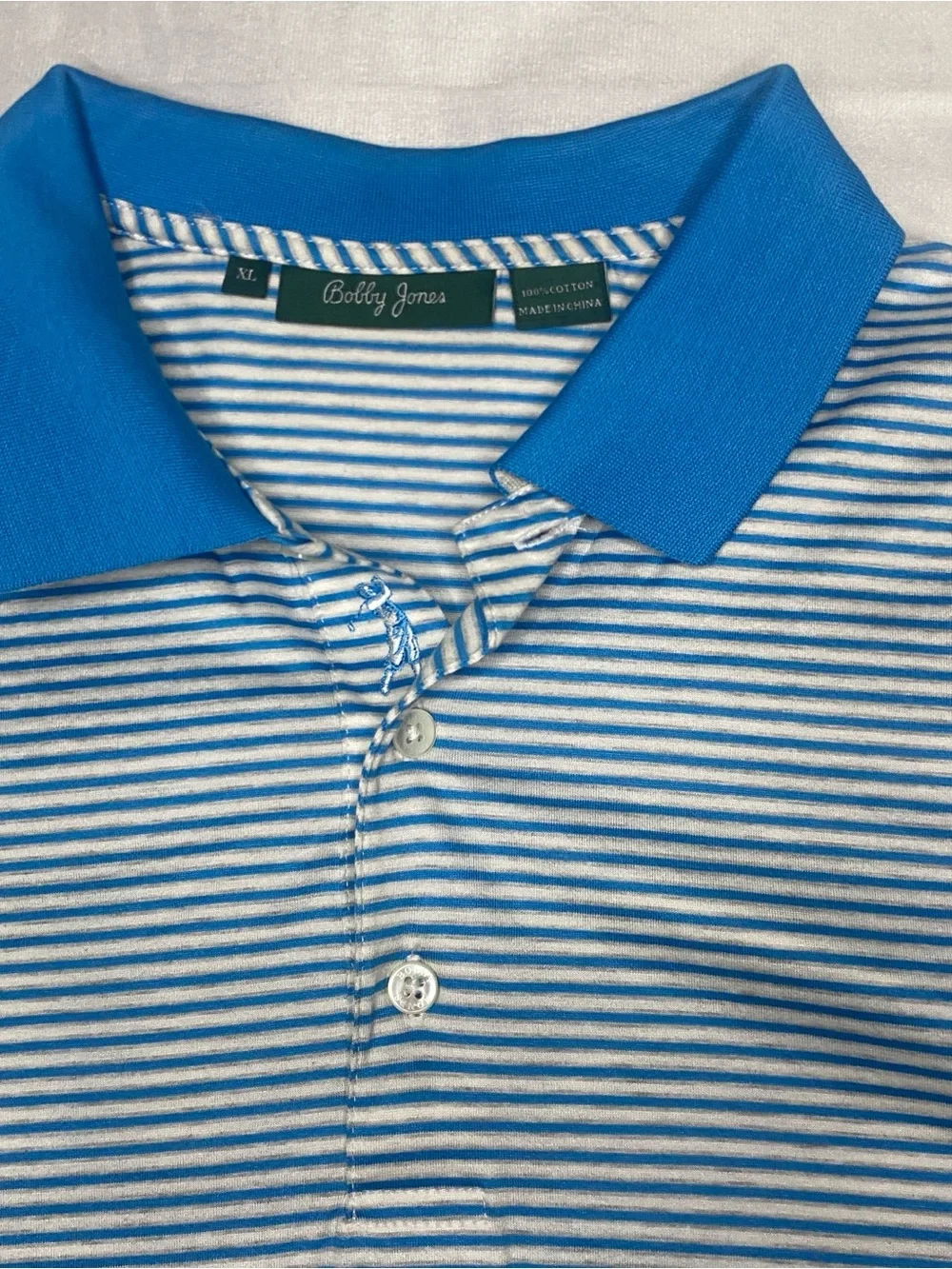 Bobby Jones Golf Polo Shirt Mens XL Blue White Striped Short Sleeve 100% Cotton